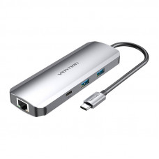 USB-C dokstacijas uz HDMI, USB-C, 2x USB3.0, RJ45, SD, TF, TRRS 3,5 mm, PD 0,15 m Vention TOMHB (pelēks)