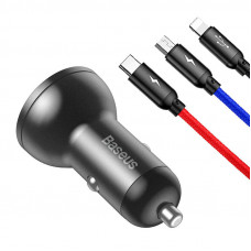 Baseus digitālais displejs Dual USB 4.8A Automašīnas lādētājs 24W ar trīs galvenajām krāsām 3-in-1 kabelis USB 1.2M melns uzvalks pelēks