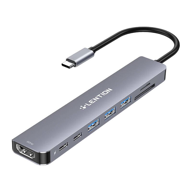 8in1 centrmezgls USB-C līdz 3x USB 3.0 + SD/TF + PD + USB-C + HDMI 4K60Hz (pelēks)