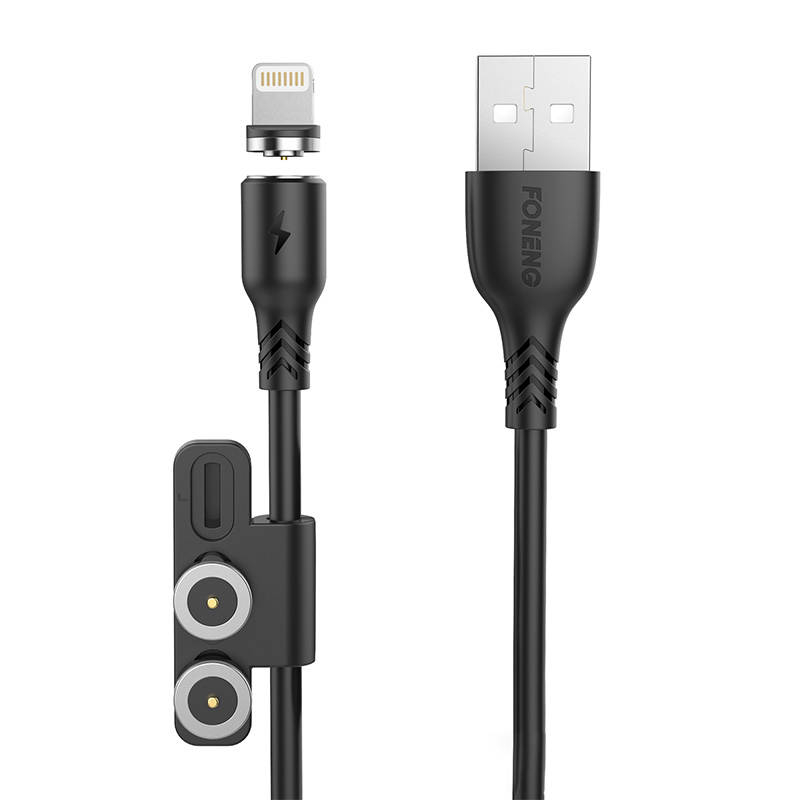 X62 Magnētisks 3in1 USB uz USB-C / Lightning / Micro USB kabelis, 2,4 A, 1 m (melns)