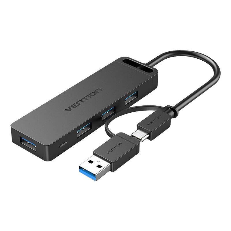 Hub 2in1 USB-C interfeiss, 4 portu USB 3.0 un strāvas adapteris Vention CHTBB 0,15 m