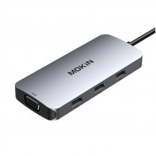 7in1 Adapter Hub USB-C uz 2x HDMI + 3x USB 2.0 + DP + VGA (sudraba)