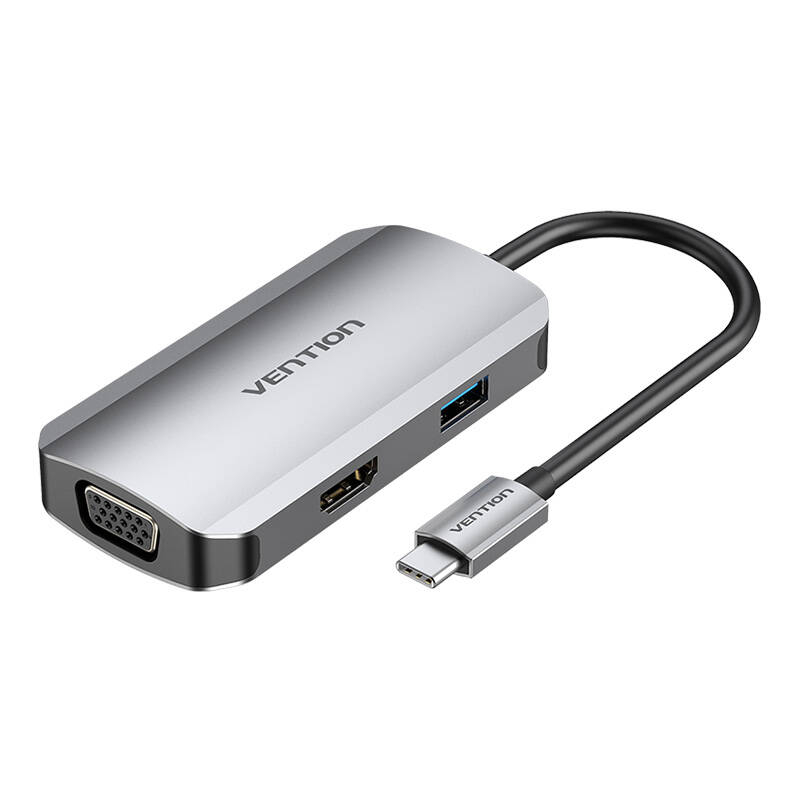 USB-C dokstacija ar HDMI, VGA, USB 3.0, PD 0,15 m Vention TOAHB, pelēka