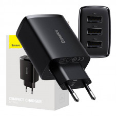 Kompaktais ātrais sienas lādētājs, 3x USB, 17 W (melns)