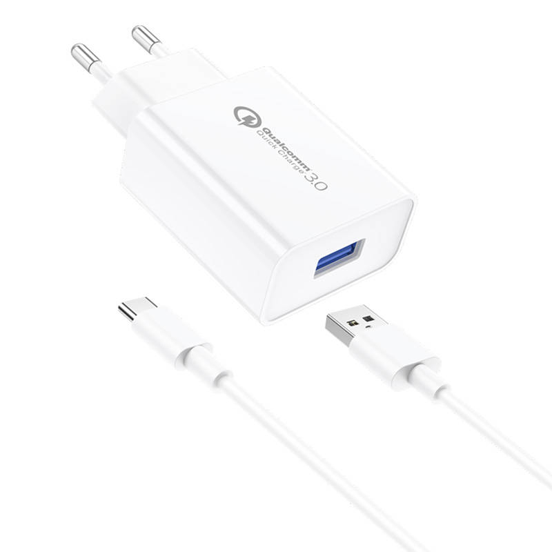 EU13 sienas lādētājs + USB uz USB-C kabelis, 3A (balts)