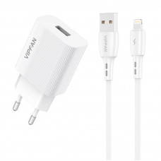 Tīkla lādētājs Vipfan E01, 1x USB, 2.4A + Lightning kabelis (balts)