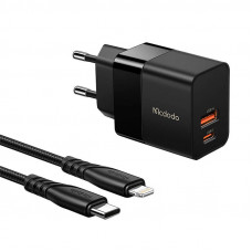 Sienas lādētājs Mcdodo CH-1952 USB + USB-C, 20W + USB-C līdz Lightning kabelis (melns)