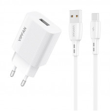 Vipfan Network charger Vipfan E01, 1x USB, 2.4A + USB-C cable (white)