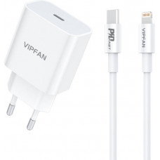 Sienas lādētājs VFAN E04, USB-C, 20W, QC 3.0 + Lightning kabelis (balts)