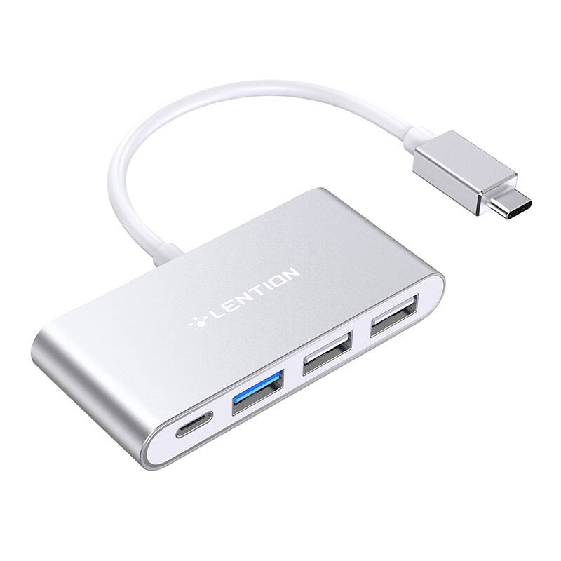 Lention 4in1 centrmezgls USB-C uz USB 3.0 + 2x USB 2.0 + USB-C (sudrabs)