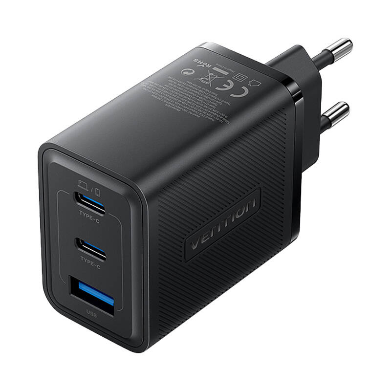 Sienas lādētājs, Vention, FERB0-EU, 2xUSB-C, USB-A, 65W/65W/30W, GaN (melns)