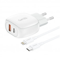 EU41 USB-C+USB-A 20 W tīkla lādētājs + USB-C — Lightning kabelis (balts)