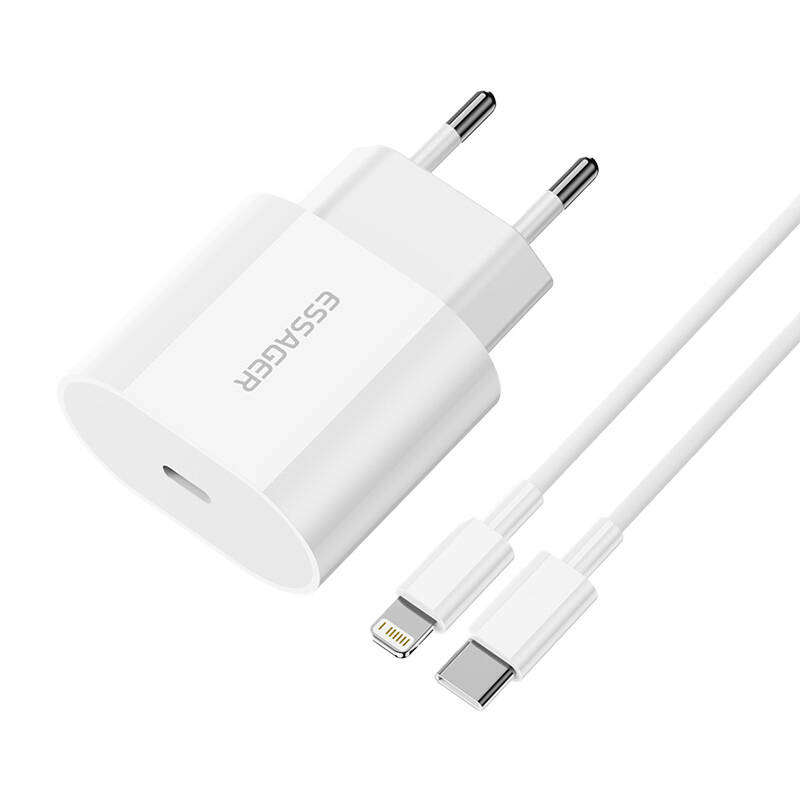 Sienas lādētājs ,USB-C 20 W Essager ar USB-C uz Lightning kabeli (balts)