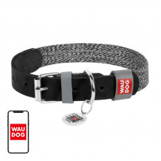 Waudog Dog collar made of natural leather and recycled material with QR code Waudog size S, width 15 mm, black