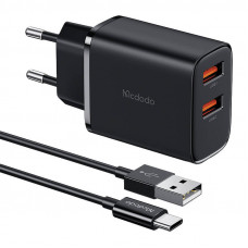 Mcdodo CH-5072 USB-A*2, 12 W strāvas lādētājs + USB-A–USB-C kabelis (melns)