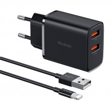 Mcdodo CH-5071 USB-A*2, 12 W tīkla lādētājs + USB-A līdz zibens kabelim (melns)