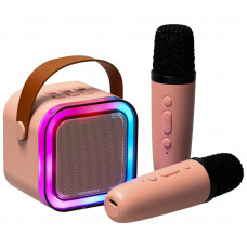 Ikona Karaoke komplekts 2 mikrofoni + portatīvais skaļrunis BLUETOOTH USB LED rozā krāsā