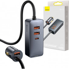 Auto lādētājs, Baseus Share kopā ar pagarinātāju, 3x USB, USB-C, 120W (pelēks)