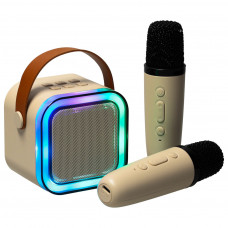 Ikona Karaoke komplekts 2 mikrofoni + portatīvais skaļrunis BLUETOOTH USB LED bēšs