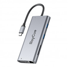 Hub 11in1 RayCue USB-C līdz 2x USB-A 2.0 480Mbps + 3x USB-A 3.2 5Gbps + SD/TF 3.0 + HDMI 4K30Hz + VGA 1080p + RJ45 + PD 3.0 100W (pelēks)