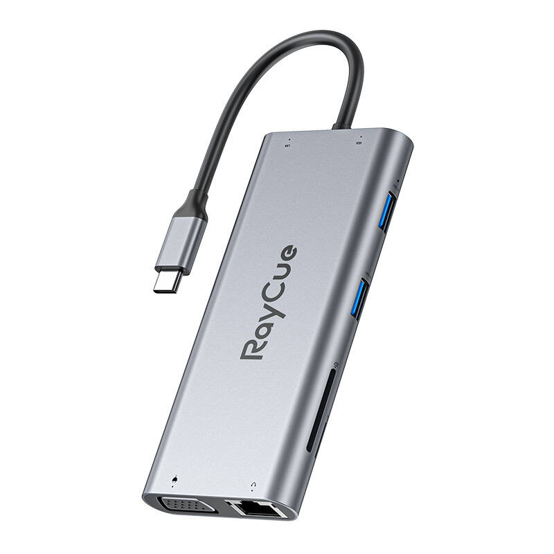 Raycue Hub 11w1 RayCue USB-C do 2x USB-A 2.0 480Mbps + 3x USB-A 3.2 5Gbps + SD/TF 3.0 + HDMI 4K30Hz + VGA 1080p + RJ45 + PD 3.0 100W (sary)