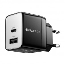 Sienas lādētājs, Essager, ECT33W-LJB01-Z, GaN, 1xUSB-A, 1xUSB-C, 33W (melns)