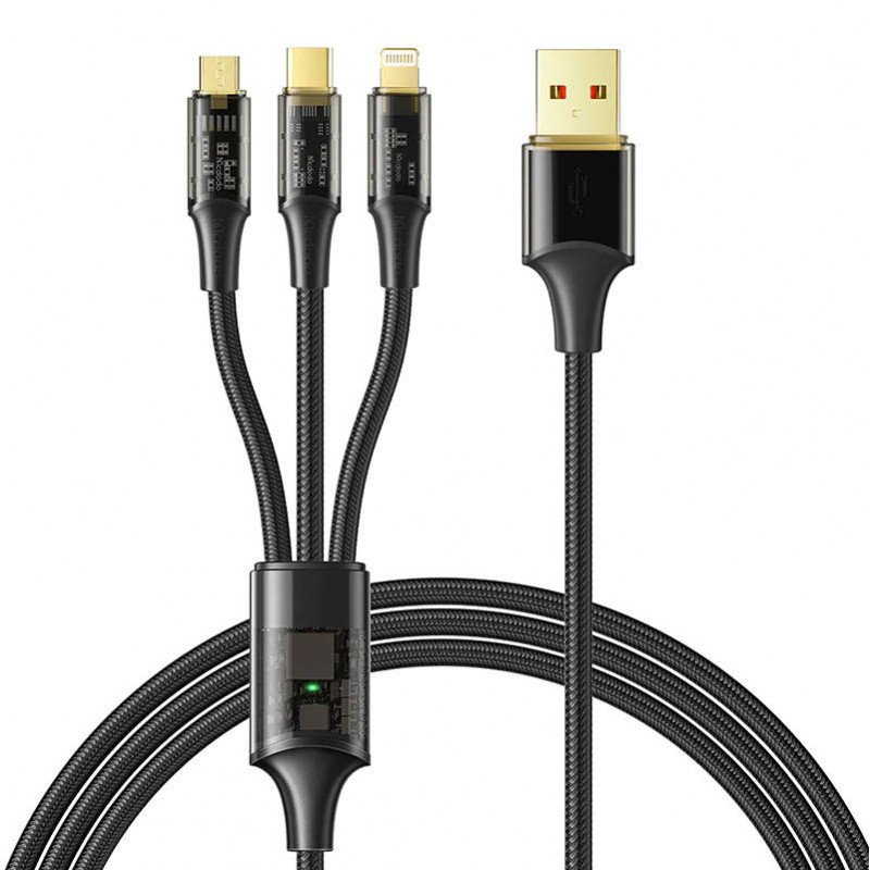 3in1 USB uz USB-C / Lightning / mikro USB kabelis, Mcdodo CA-3330, 1,2 m (melns)