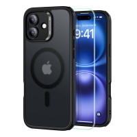 Hibrīda maciņš (HaloLock) iPhone 16 ar ekrāna aizsardzības komplektu (melns)