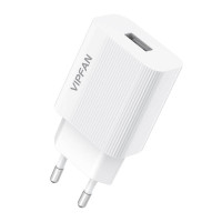 Sienas lādētājs VFAN E01, 1x USB, 2.4A (balts)