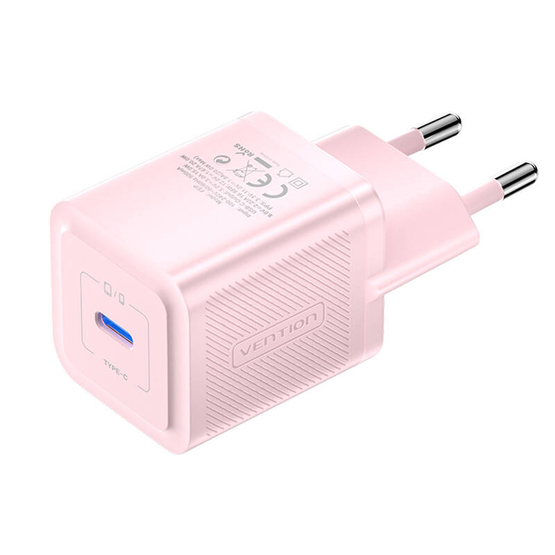 Sienas lādētājs, Vention, FEPP0-EU, USB-C, 20W, GaN (rozā)