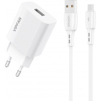 Tīkla lādētājs VFAN E01, 1x USB, 2.4A + Micro USB kabelis (balts)