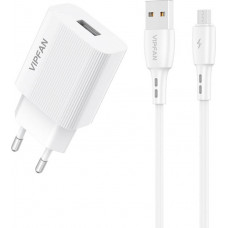 Tīkla lādētājs VFAN E01, 1x USB, 2.4A + Micro USB kabelis (balts)