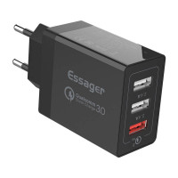 Sienas lādētājs Essager ECTQC3-FBB01 3xUSB 30W (melns)