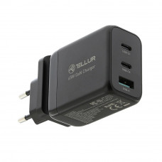 Tellur GaN 65W 3-portu sienas lādētājs, 2xUSB-C + USB-A, EU,UK,US,melns