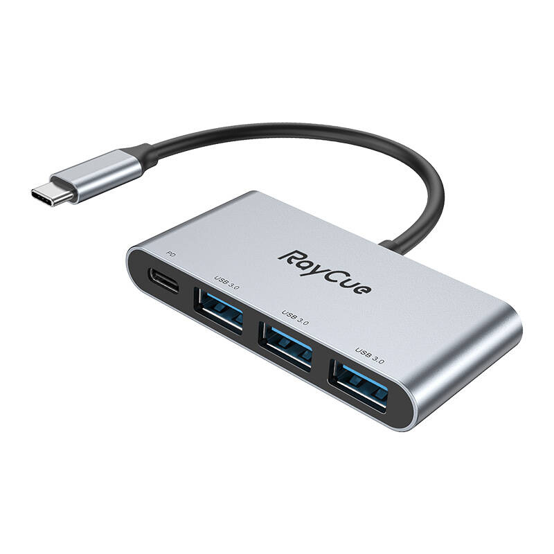 Raycue četri vienā centrmezgls USB-C līdz 3x USB-A 3.0 5Gbps + PD 3.0 100W (pelēks)