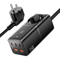 Sienas lādētājs, Essager, ECTAC-BRB01-Z, GaN, 3xUSB-C, 2xUSB-A, Gniazdko AC, 75W (melns)