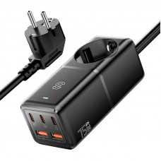 Sienas lādētājs, Essager, ECTAC-BRB01-Z, GaN, 3xUSB-C, 2xUSB-A, Gniazdko AC, 75W (melns)