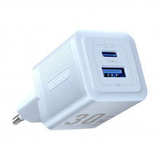 Sienas lādētājs, Vention, FEQL0-EU, USB-C + USB-A, 30W/30W, GaN (zils)