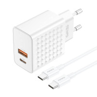 EU42 USB-C+USB-A 20 W strāvas lādētājs + USB-C — USB-C kabelis (balts)