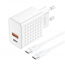 EU42 USB-C+USB-A 20 W strāvas lādētājs + USB-C — USB-C kabelis (balts)