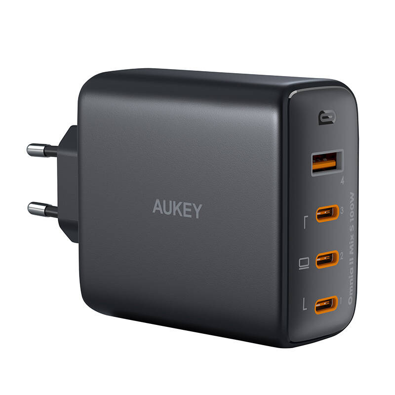 Sienas lādētājs Aukey PA-B7S, 1xUSB-A, 3xUSB-C, 100W GaN (melns)