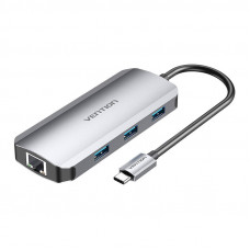 USB-C uz HDMI dokstaciju, 3x USB 3.0, RJ45, PD 0,15 m Vention TOHHB (pelēks)