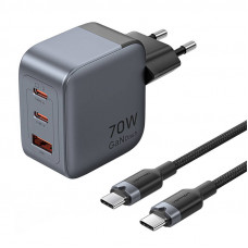 GaN Vention USB-C+C+A 70 W lādētājs + USB-CC kabelis 1 m (pelēks)