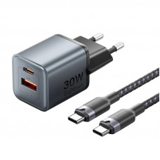 GaN Vention USB-C+A 30 W lādētājs + USB-CC kabelis 1 m (pelēks)